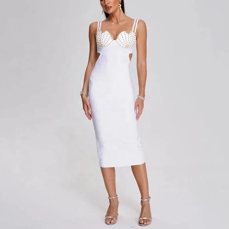 BA366 Sexy Beaded Strapless Bandage Dress for Women Summer 2023 New White Black Sleeveless Midi Dresses Elegant Slim Vestidos