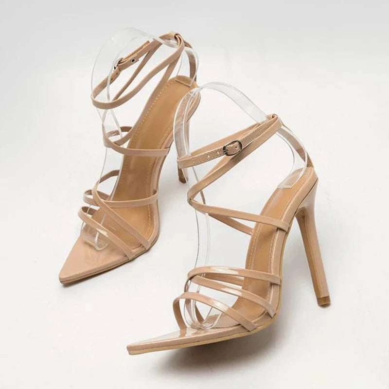 Back Sexy Solid Size 35-42 2022 New Ladies Fashion Women's Shoes PU Open Party Elegant Shallow Ankle Strap Thin Heels Sandals