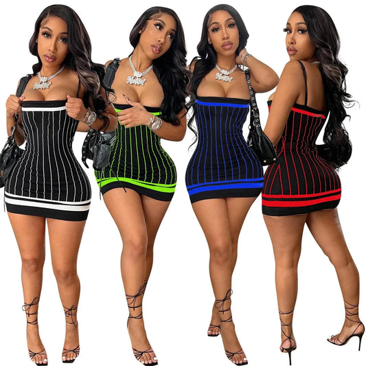 Backless Casual Sexy Halter Dress Ladies Striped Tube Sling Dress Summer Mini Vacation Dress with Good Stretch