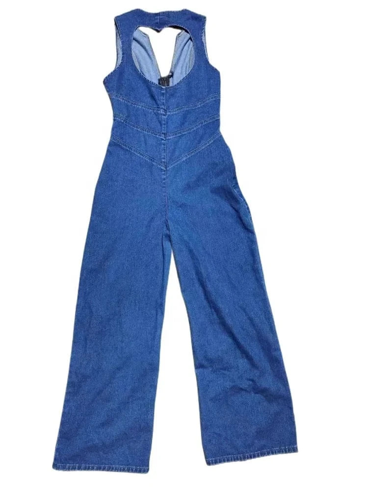 Backless Heart Cutout Bodycon Jumpsuit For Women Casual Sleeveless Slim One-Piece Outfits Retro Denim Jumpsuits