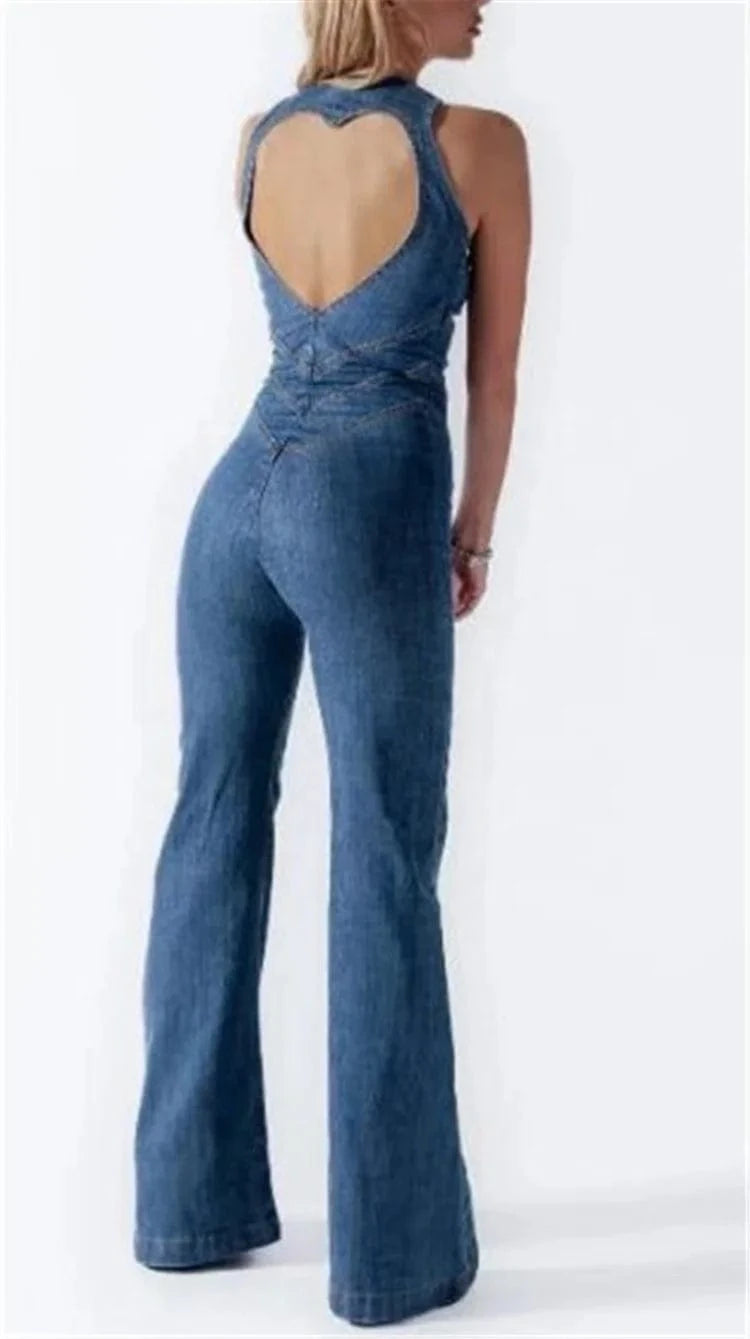 Backless Heart Cutout Bodycon Jumpsuit For Women Casual Sleeveless Slim One-Piece Outfits Retro Denim Jumpsuits