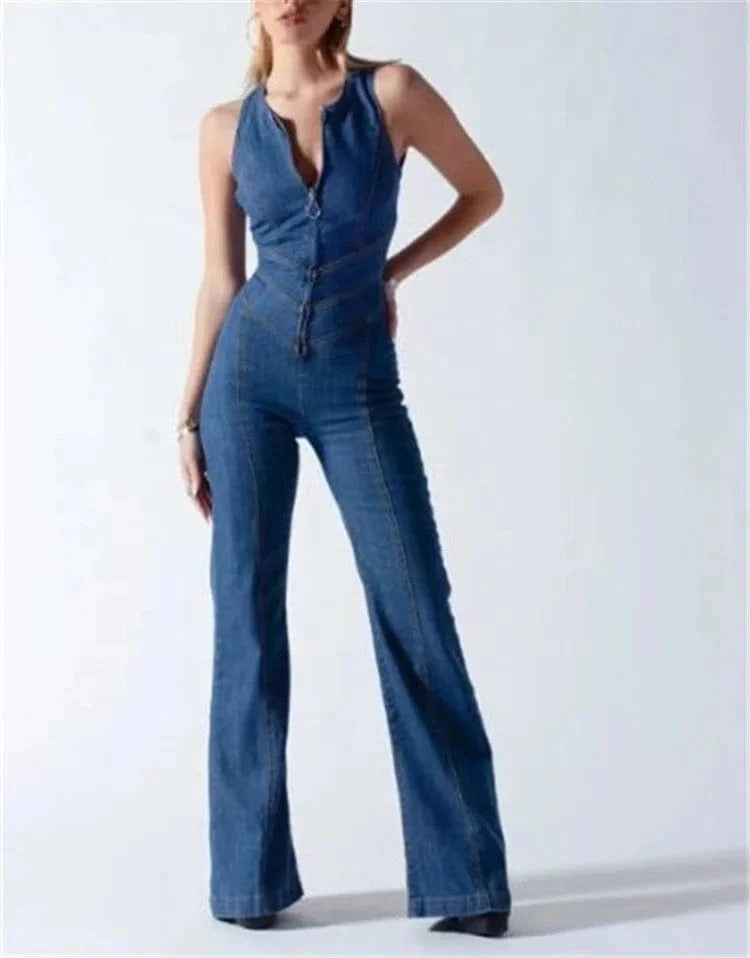 Backless Heart Cutout Bodycon Jumpsuit For Women Casual Sleeveless Slim One-Piece Outfits Retro Denim Jumpsuits