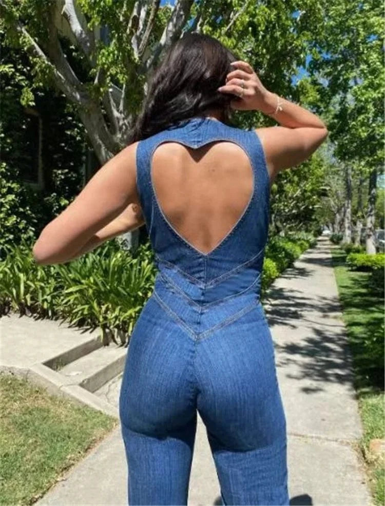 Backless Heart Cutout Bodycon Jumpsuit For Women Casual Sleeveless Slim One-Piece Outfits Retro Denim Jumpsuits