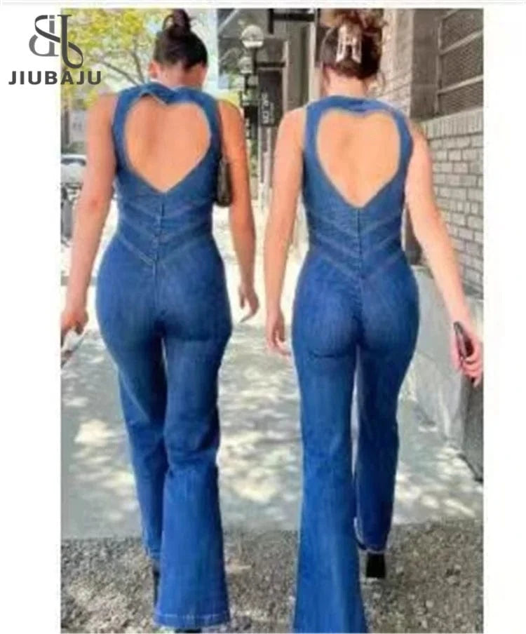 Backless Heart Cutout Bodycon Jumpsuit For Women Casual Sleeveless Slim One-Piece Outfits Retro Denim Jumpsuits
