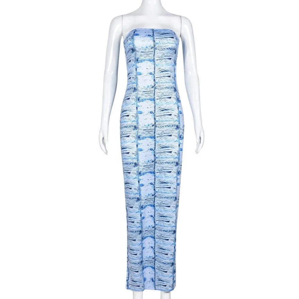 Backless Sleeveless Ankle Length Bust Dresses Women Printed Skinny Stretchy Bodycon Maxi Dress