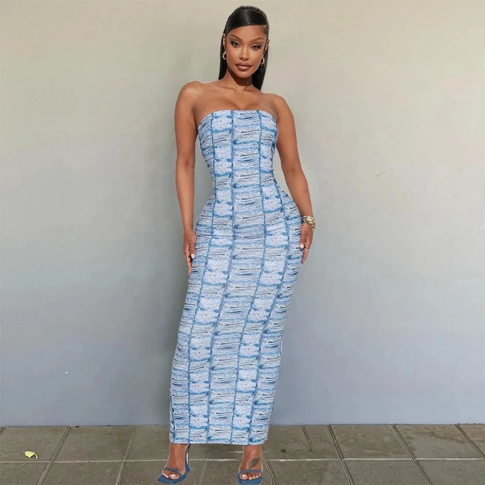 Backless Sleeveless Ankle Length Bust Dresses Women Printed Skinny Stretchy Bodycon Maxi Dress