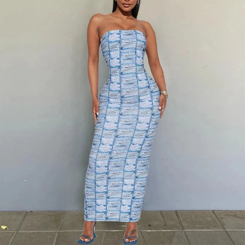 Backless Sleeveless Ankle Length Bust Dresses Women Printed Skinny Stretchy Bodycon Maxi Dress
