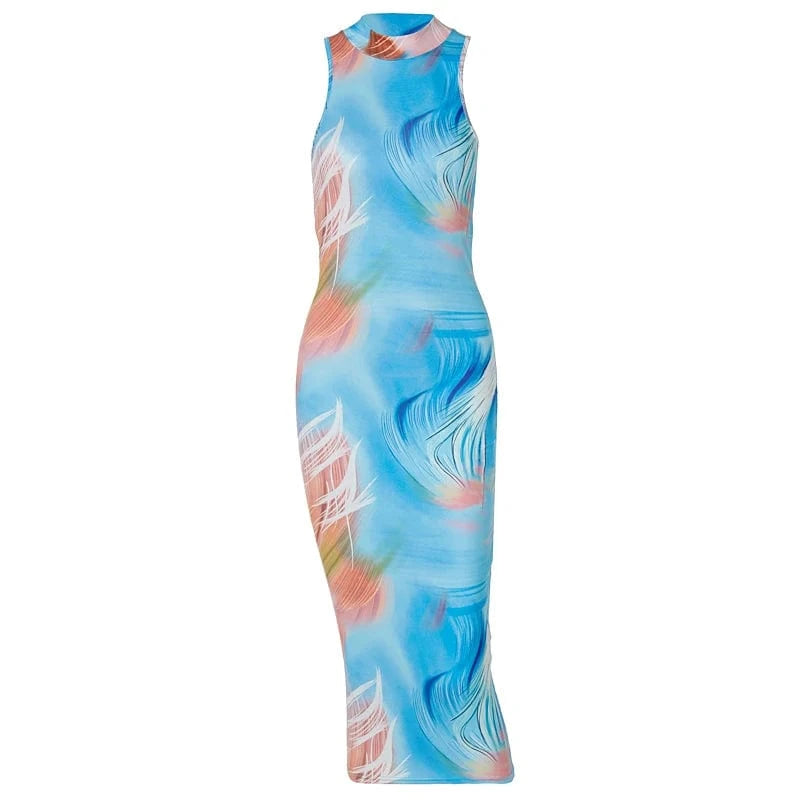 Backless Sleeveless  Printed Bodycon Slim Pencil Dress