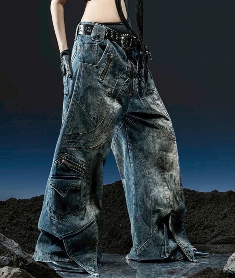 Baggy Denim Jeans Zippered Ripped Detailing Streetwear Gothic Style - SN Wigs & More