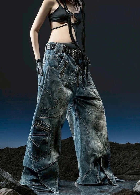 Baggy Denim Jeans Zippered Ripped Detailing Streetwear Gothic Style - SN Wigs & More