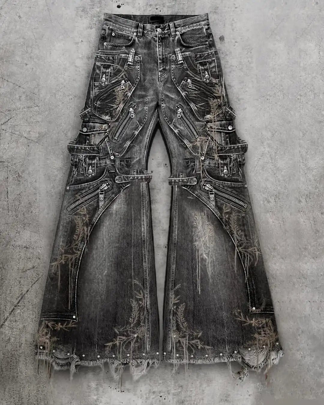 Baggy Denim Jeans Zippered Ripped Detailing Streetwear Gothic Style - SN Wigs & More