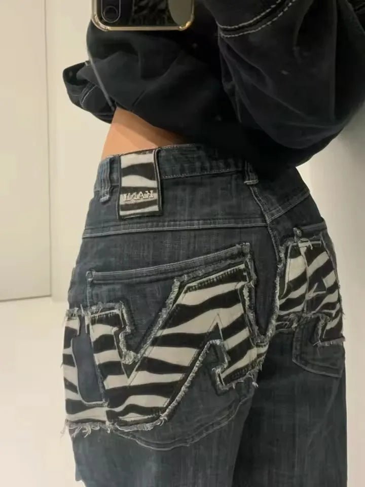 Baggy Denim Jeans Zippered Ripped Detailing Streetwear Gothic Style - SN Wigs & More