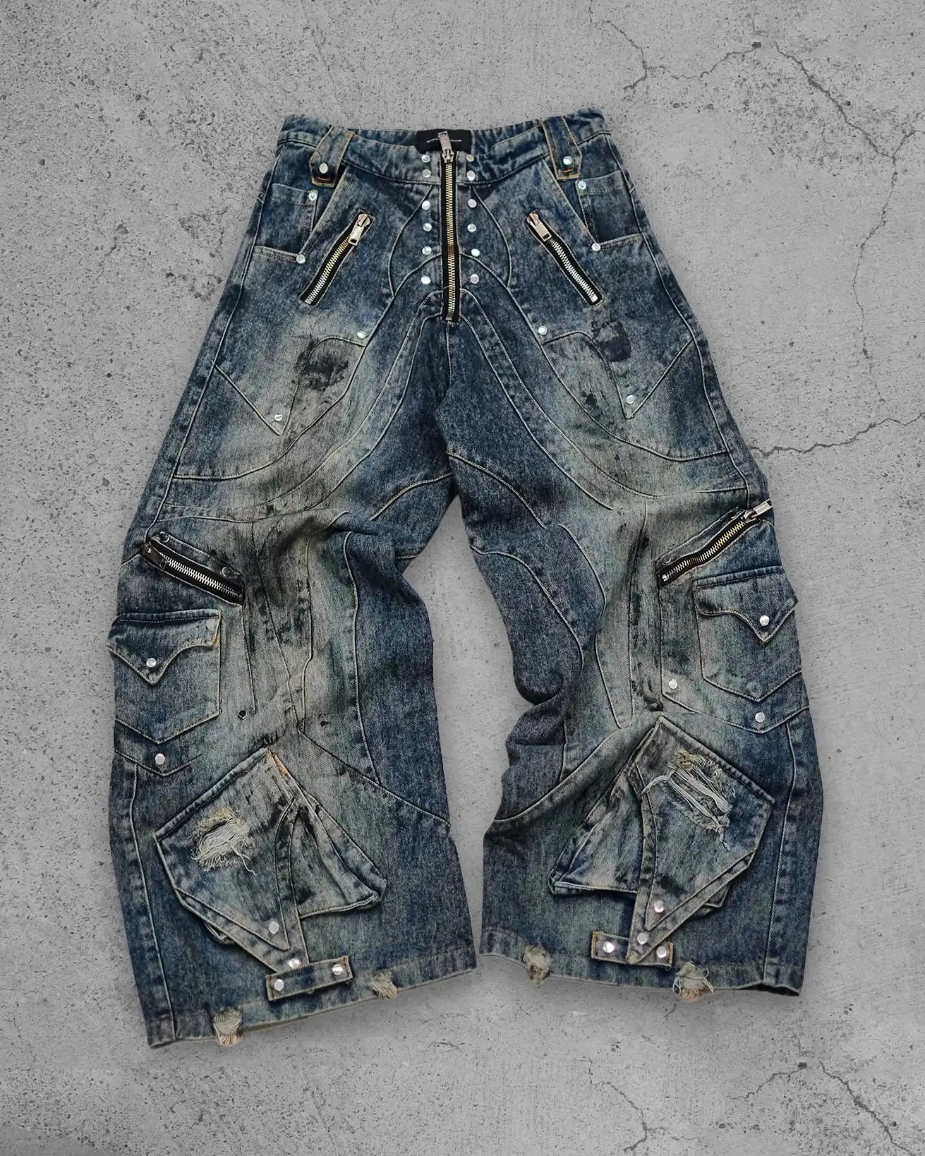 Baggy Denim Jeans Zippered Ripped Detailing Streetwear Gothic Style - SN Wigs & More