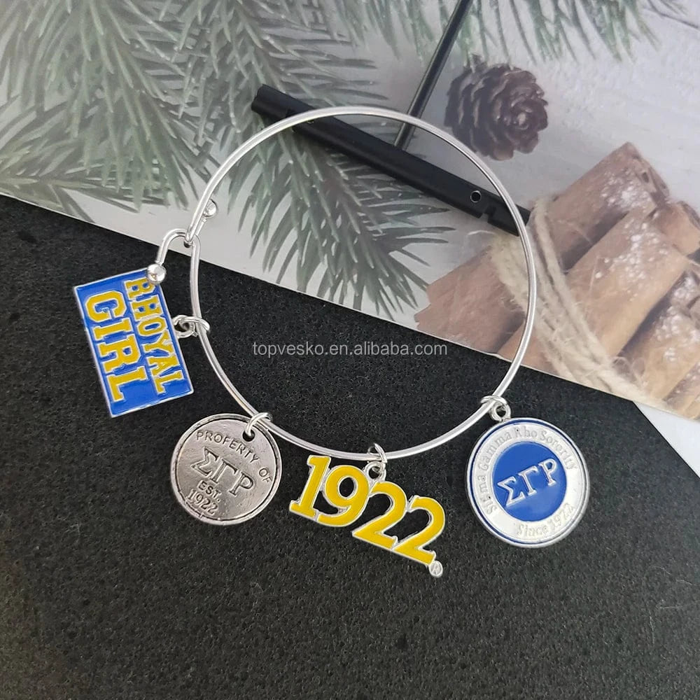 Bangle / silver Customized Greek Sorority Sigma Gamma Rho Yellow Blue Round Letter 1922 Charm Stainless Steel Bangle