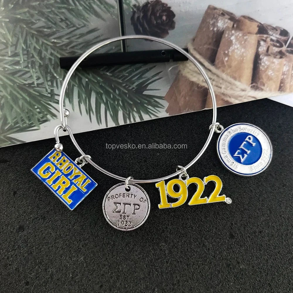 Bangle / silver Customized Greek Sorority Sigma Gamma Rho Yellow Blue Round Letter 1922 Charm Stainless Steel Bangle
