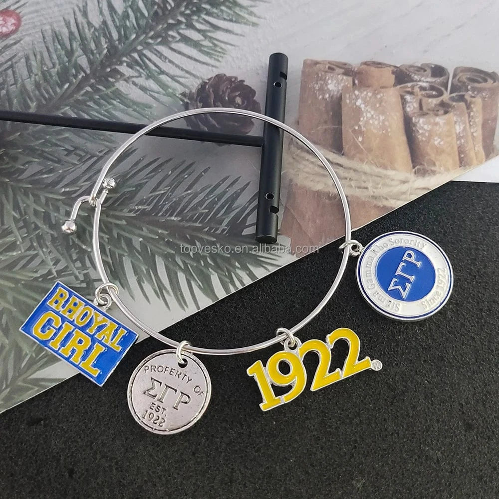 Bangle / silver Customized Greek Sorority Sigma Gamma Rho Yellow Blue Round Letter 1922 Charm Stainless Steel Bangle
