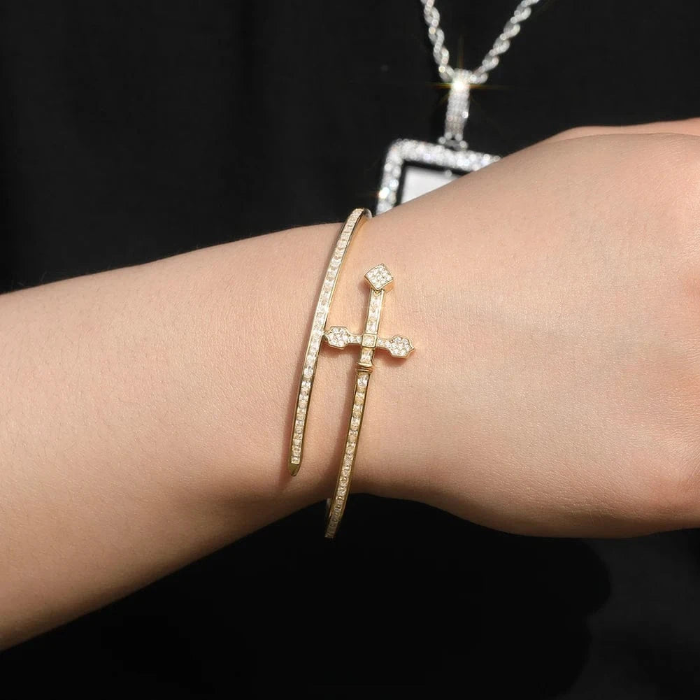 Bangle Wholesale Sword Bangle Bracelet Hip Hop Jewelry Brass CZ Dropshipping Gold Plated Jewelry