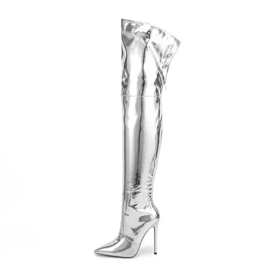 Banquet Botas 2023 Hot Selling Metallic Shoes Women Mirror Leather Pointed Toe Stiletto Heels Long Boot Over Knee High Boots