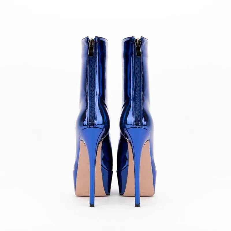 Banquet Botas Ladies Fall Winter High Heels Metallic Boots Women Thick Sole Back Zipper Pointy Toe Platform Heels Mid Calf Boots