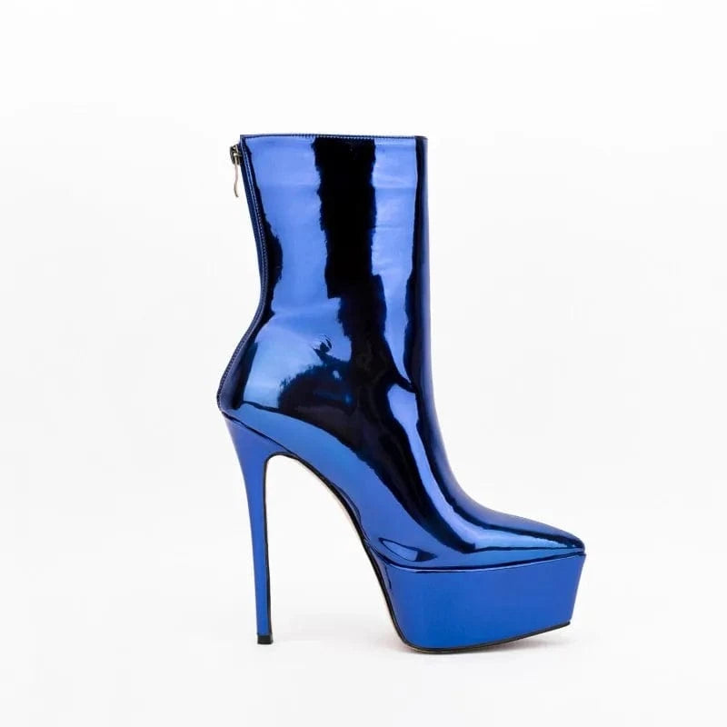 Banquet Botas Ladies Fall Winter High Heels Metallic Boots Women Thick Sole Back Zipper Pointy Toe Platform Heels Mid Calf Boots