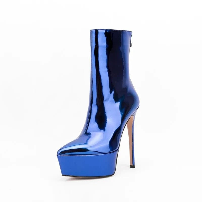 Banquet Botas Ladies Fall Winter High Heels Metallic Boots Women Thick Sole Back Zipper Pointy Toe Platform Heels Mid Calf Boots