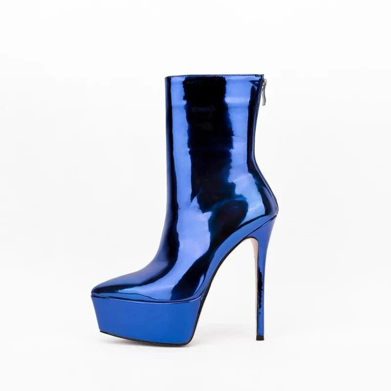 Banquet Botas Ladies Fall Winter High Heels Metallic Boots Women Thick Sole Back Zipper Pointy Toe Platform Heels Mid Calf Boots