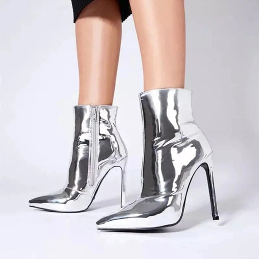 Banquet Botas Ladies Mirror Leather Boots Plus Size Pointy Toe Stiletto Heel Sexy Short Boots Women Metallic Ankle Boots 2022