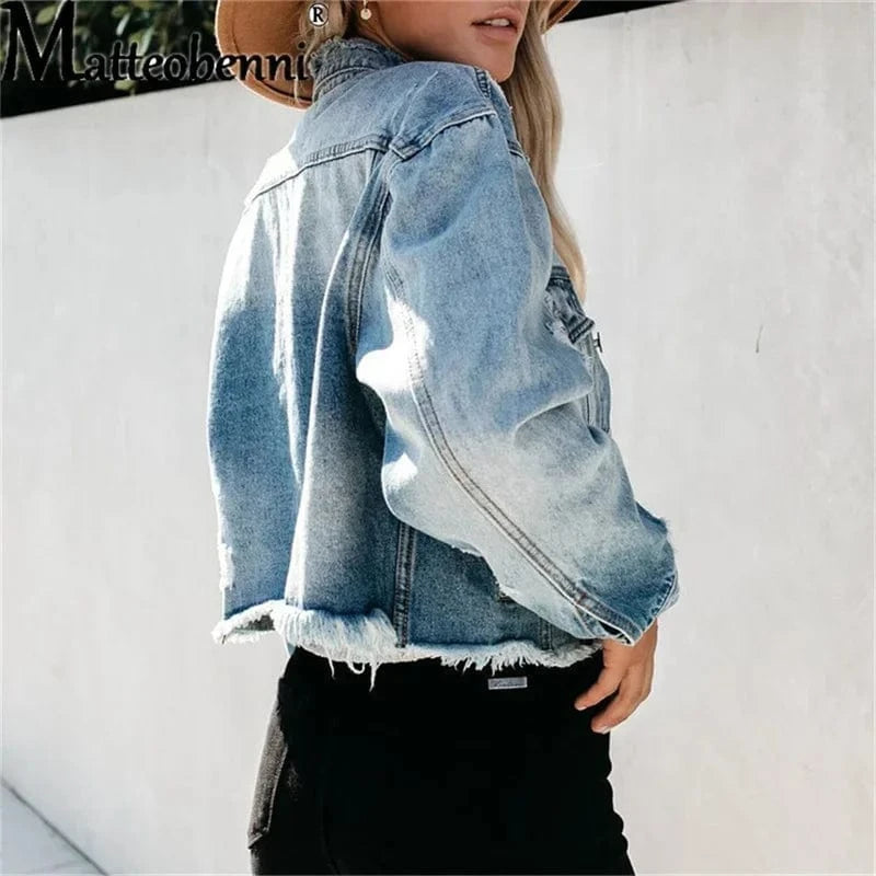 Batwing Sleeve Boyfriend Denim Shirts Jackets Coats Ripped Hole Loose Cardigans Button Jeans Blouses Women Short Outerwear Tops