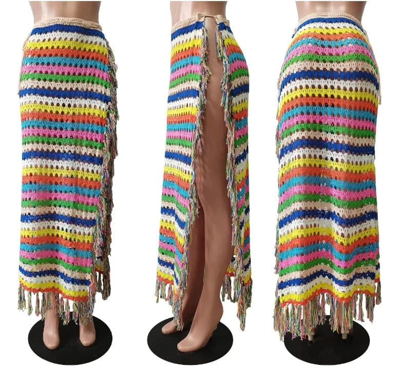 Beach Holiday Maxi Knit Skirt Dress 2024 Summer Women Fashion Sexy High Waist Contrast Color Slim Knitted Split Long Skirt