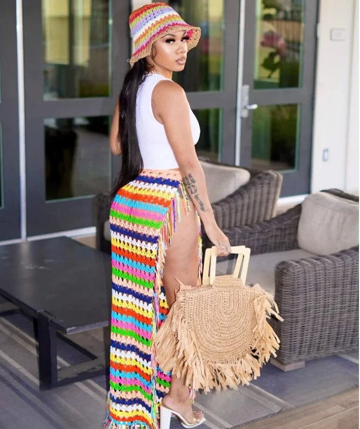 Beach Holiday Maxi Knit Skirt Dress 2024 Summer Women Fashion Sexy High Waist Contrast Color Slim Knitted Split Long Skirt