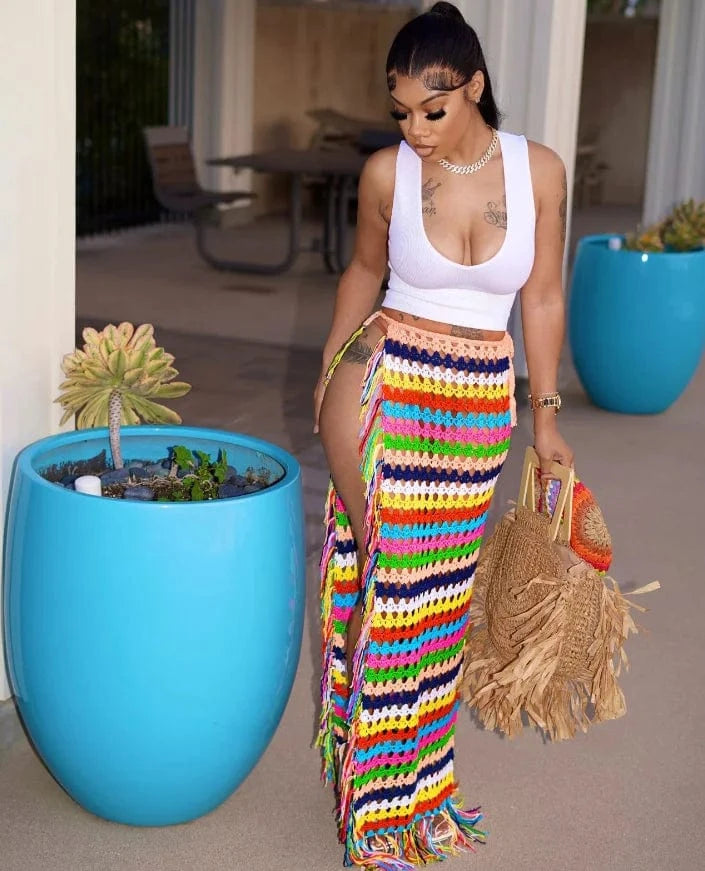 Beach Holiday Maxi Knit Skirt Dress 2024 Summer Women Fashion Sexy High Waist Contrast Color Slim Knitted Split Long Skirt