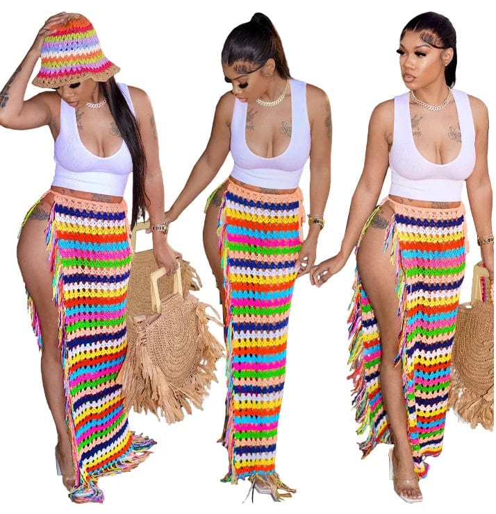 Beach Holiday Maxi Knit Skirt Dress 2024 Summer Women Fashion Sexy High Waist Contrast Color Slim Knitted Split Long Skirt