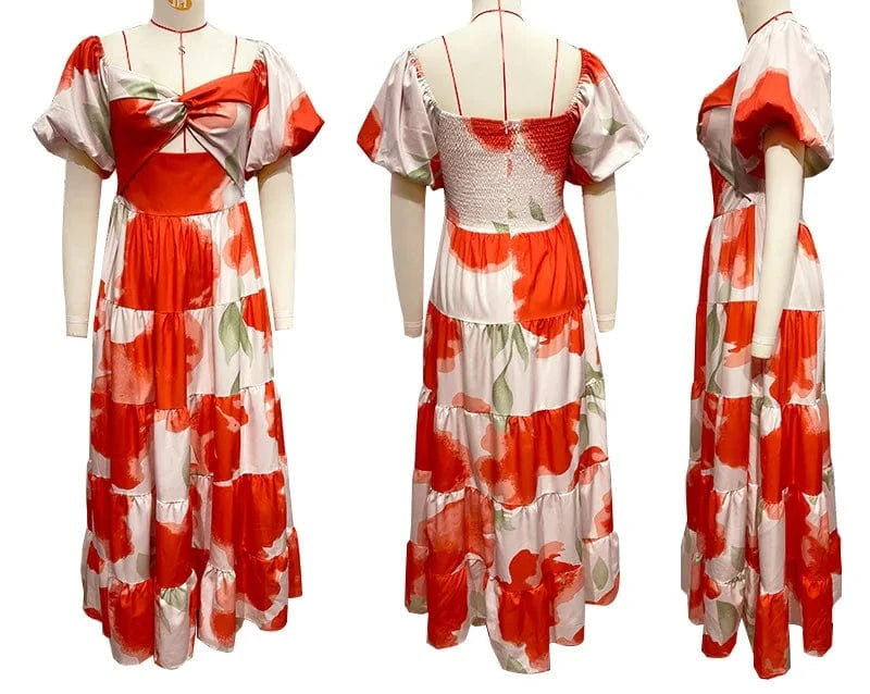 Beach Print Maxi Dress Women Holiday Floral Short Puff Sleeve High Waist Backless Pleat Ruffle Hem Dresses Female Colorful 2024