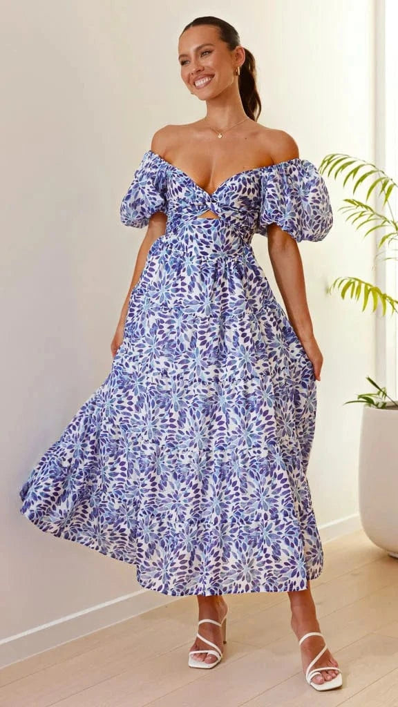 Beach Print Maxi Dress Women Holiday Floral Short Puff Sleeve High Waist Backless Pleat Ruffle Hem Dresses Female Colorful 2024