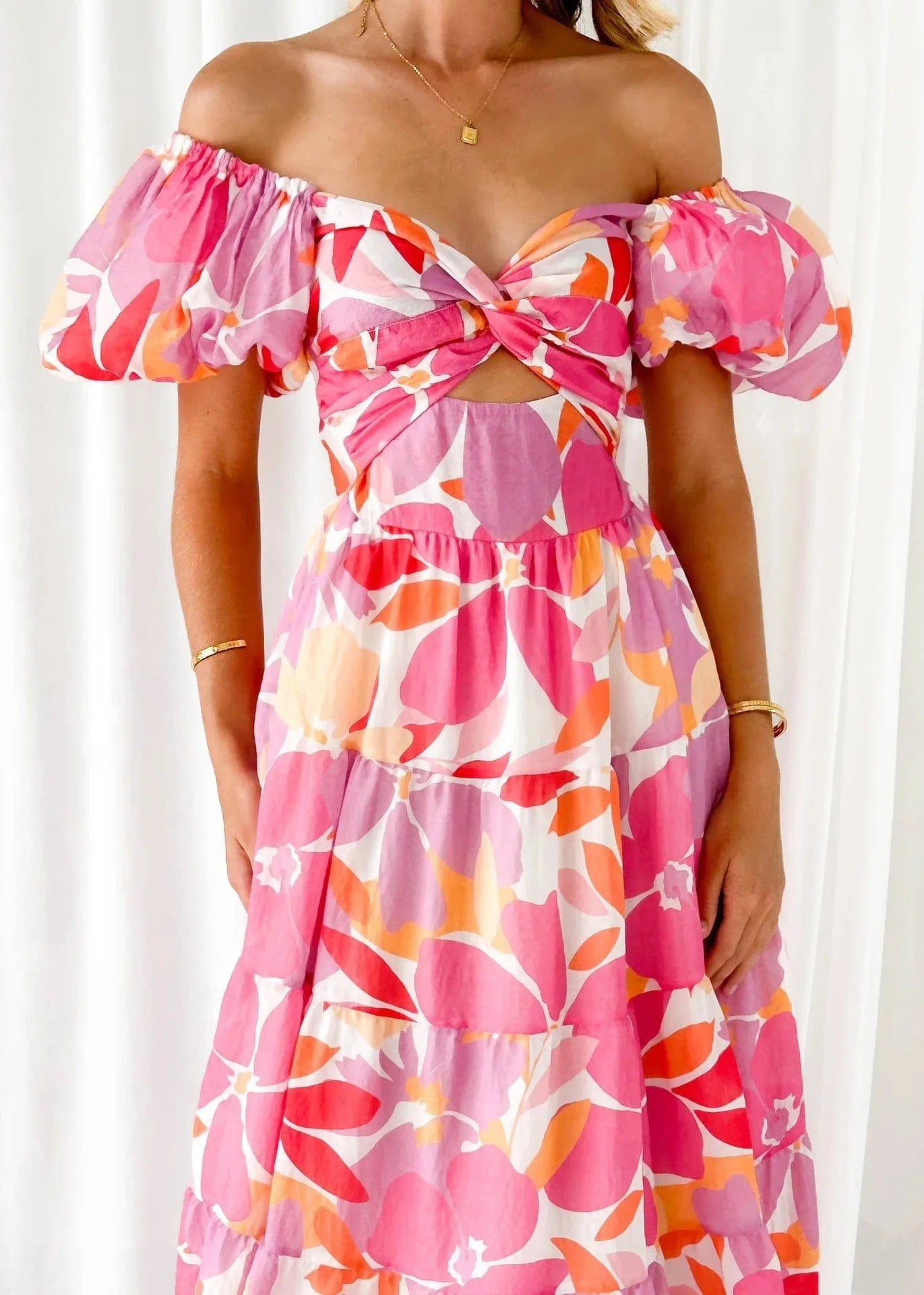 Beach Print Maxi Dress Women Holiday Floral Short Puff Sleeve High Waist Backless Pleat Ruffle Hem Dresses Female Colorful 2024