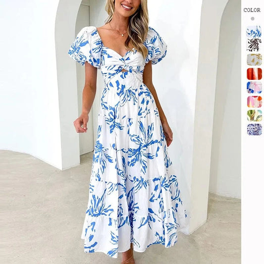Beach Print Maxi Dress Women Holiday Floral Short Puff Sleeve High Waist Backless Pleat Ruffle Hem Dresses Female Colorful 2024