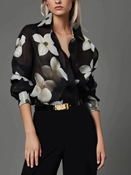 Beauty Blue Women's Elegant Blouses&shirts Floral Printed Tops Casual Long Sleeves Button Chic Loose Female Lapel Office Shirts