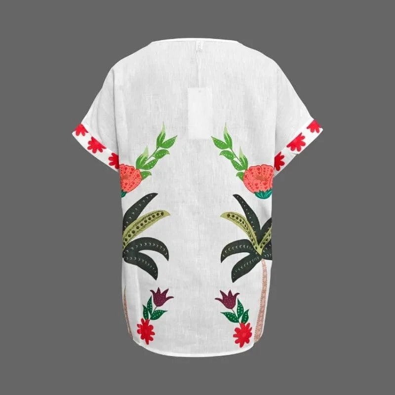 Beautyblue Cotton Linen Bohemian White Blouse Vacation Clothes New Casual Loose Raglan Sleeve V-Neck Printed T-shirts for Women