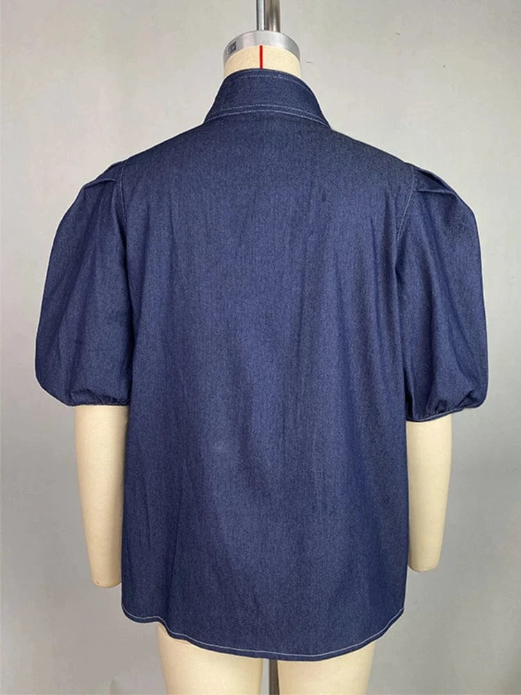 Beautyblue Denim Shirt Woman Short Sleeve Bow-Embellished Tops Summer Casual Streetwear Buttoned High Neck Puff Sleeves Blouses
