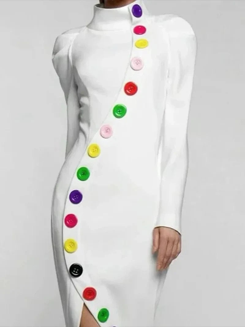 Beautyblue Elegant Woman Ceremony Dress Midi Dresses Fashion Buttoned Contrast Color Long Sleeves High Neck White Winter Dress