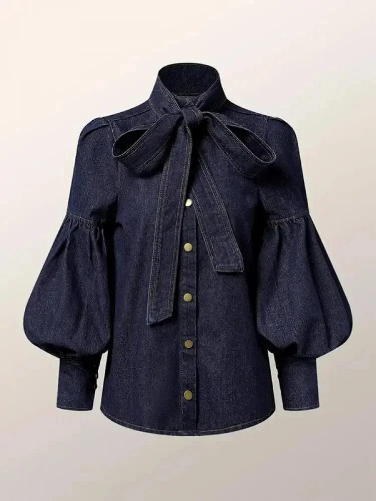 Beautyblue Elegant Women's Imitation Denim Blouse Tops Spring 2025 New Fashion Puff Sleeves Bow-Embellished Female Shirts S-3XL