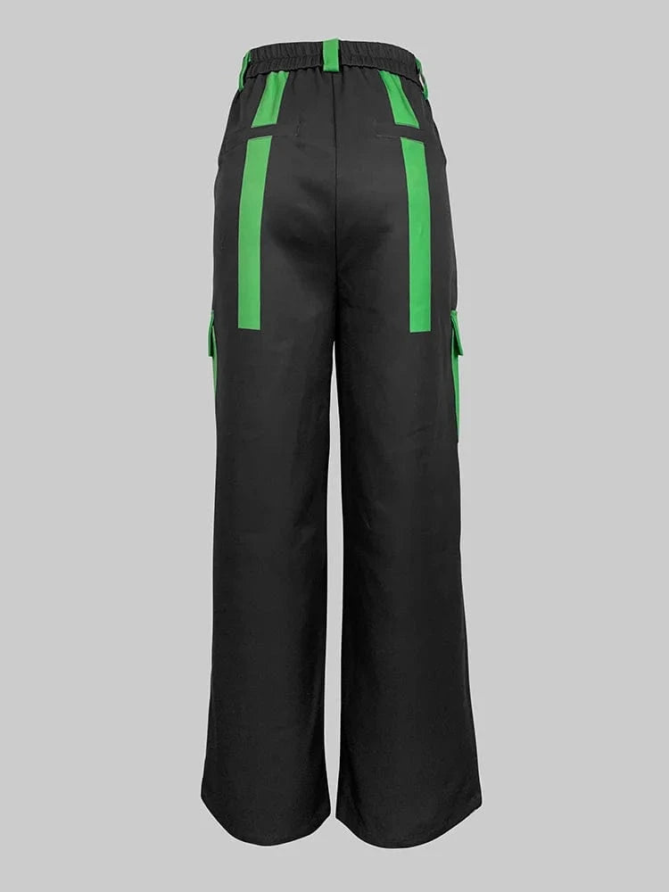 Beautyblue Fashion Woman Casual Pants Wide Leg Trousers 2025 Loose Contrast Color No Belt Pockets Black Green Bottoms Streetwear