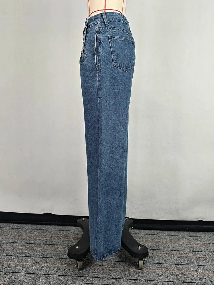 Beautyblue Fashion Women's Jeans Button Baggy Denim Jeans Pants High Waist Casual Classic Blue Wide Leg Trouser Female Y2K Punk