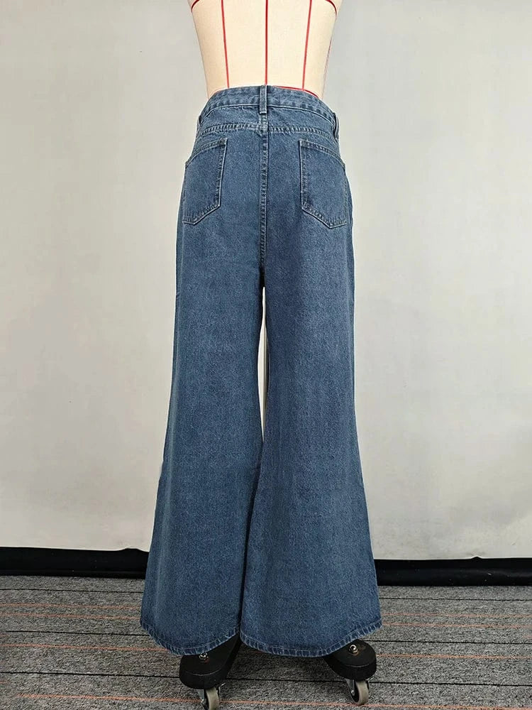 Beautyblue Fashion Women's Jeans Button Baggy Denim Jeans Pants High Waist Casual Classic Blue Wide Leg Trouser Female Y2K Punk