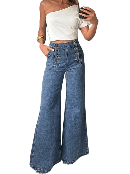 Beautyblue Fashion Women's Jeans Button Baggy Denim Jeans Pants High Waist Casual Classic Blue Wide Leg Trouser Female Y2K Punk