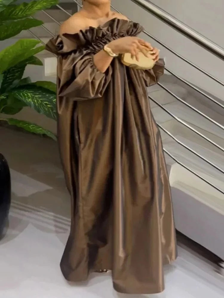 Beautyblue Plus Size Dresses Women Off-the-shoulder Maxi Dress Loose Elastic Puff Sleeve Oversized Brown New Elegant Robe Female