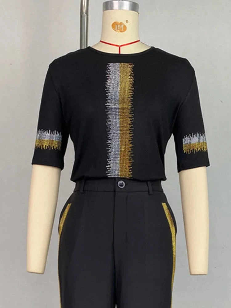 Beautyblue Summer Top Women's T-shirt Fashion Skinny Striped Hot Diamonds Half Sleeves Slim Fit Round-Neck Casual Female Clothes