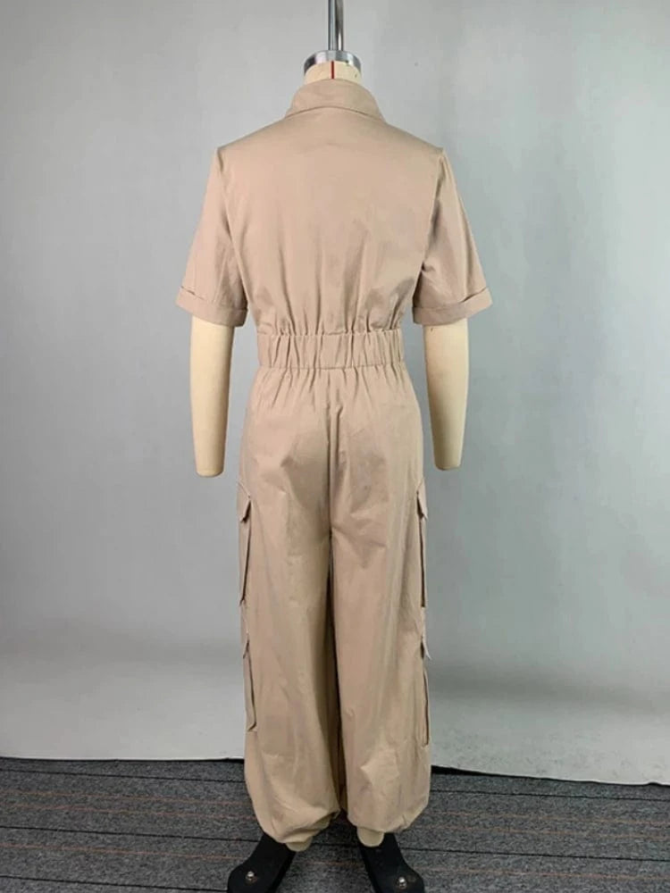 Beautyblue Women Cargo Jumpsuits Summer Business Casual Outfits Buttoned Pockets Lapel Loose Elegant Khaki Cargo Romper Female