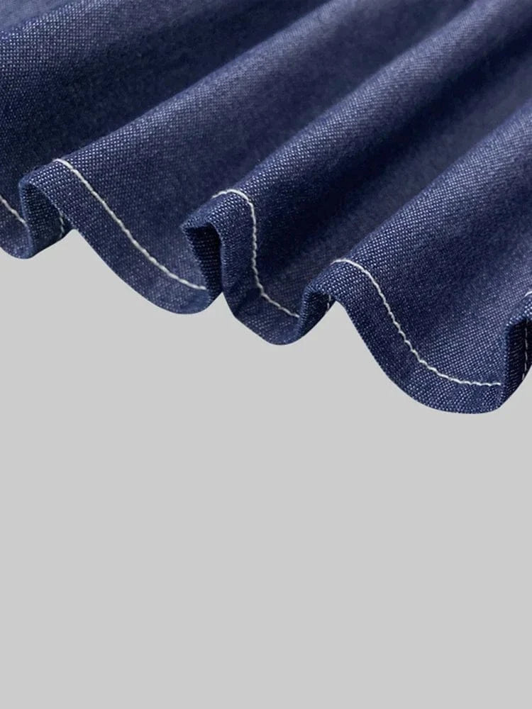 Beautyblue Women Fashion High Neck Imitation Denim Shirts Puff Sleeves Blouses Summer New Casual Solid Color Bow Tie Tops Female