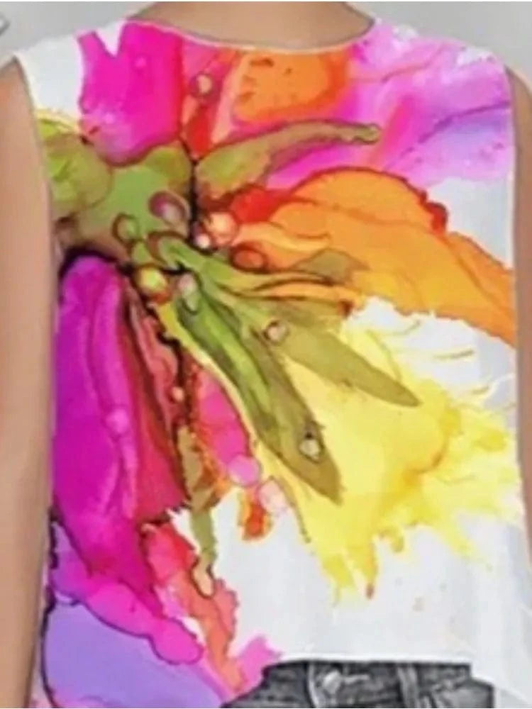 Beautyblue Women's High-Low Tops Flower Print Vest Top Fashion Casual Loose Sleeveless Round-Neck Elegant Blouses&Shirts Female